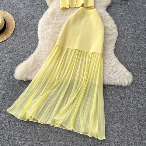 V-neck Knitwear & Mesh Skirt 2Pcs