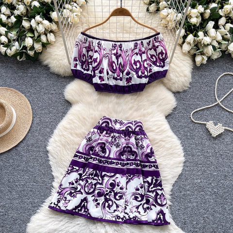 Puffy Sleeve Top & Skirt Printed 2Pcs