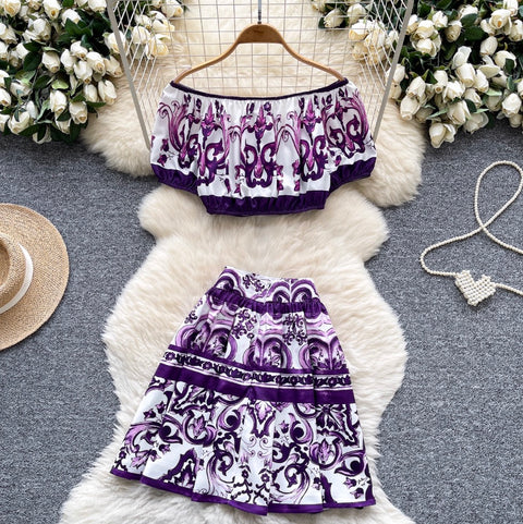 Puffy Sleeve Top & Skirt Printed 2Pcs