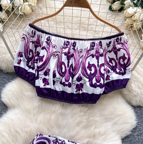 Puffy Sleeve Top & Skirt Printed 2Pcs