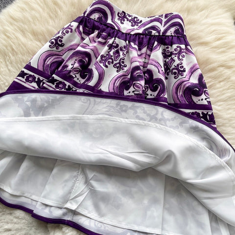 Puffy Sleeve Top & Skirt Printed 2Pcs