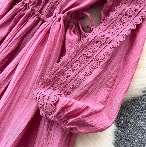 Sweetie Stand Collar Lace Patchwork Dress