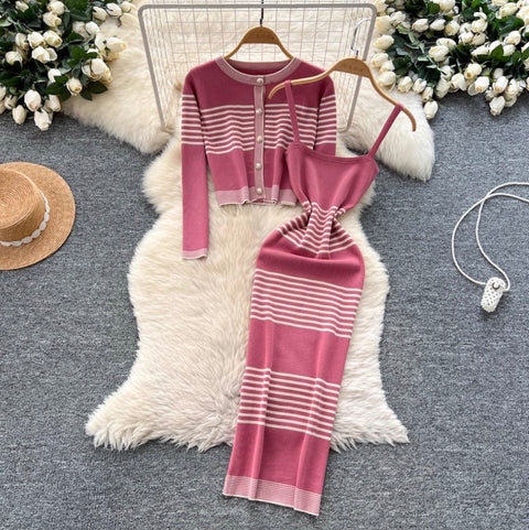Striped Cardigan & Slip Dress 2Pcs