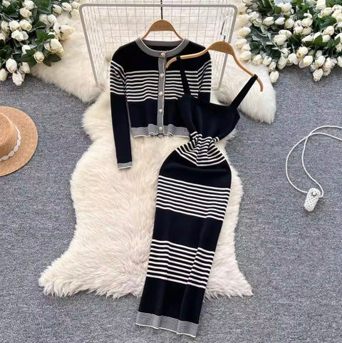 Striped Cardigan & Slip Dress 2Pcs