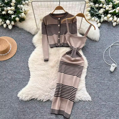 Striped Cardigan & Slip Dress 2Pcs
