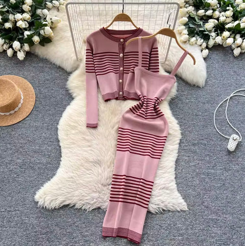 Striped Cardigan & Slip Dress 2Pcs