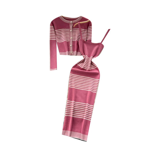 Striped Cardigan & Slip Dress 2Pcs