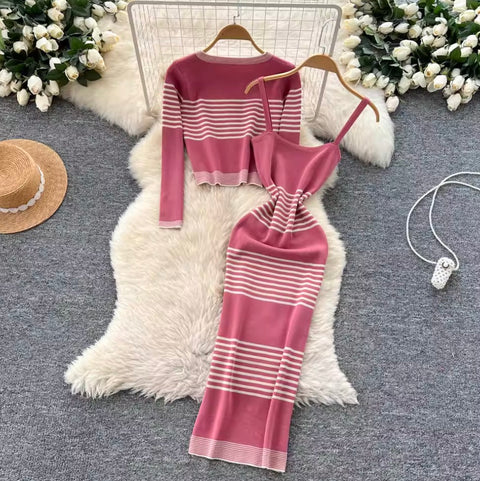 Striped Cardigan & Slip Dress 2Pcs