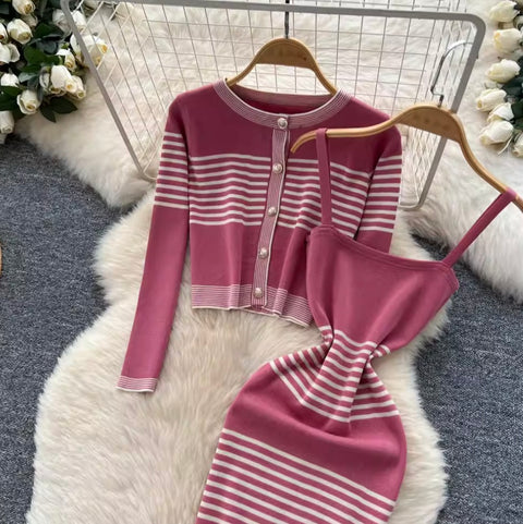 Striped Cardigan & Slip Dress 2Pcs