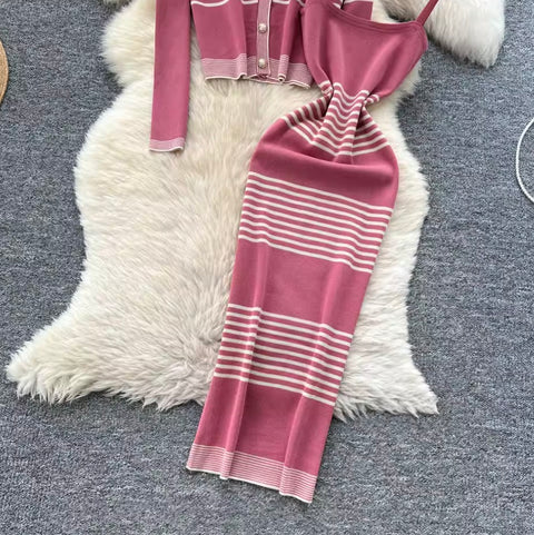 Striped Cardigan & Slip Dress 2Pcs