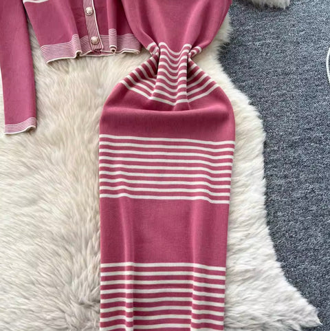 Striped Cardigan & Slip Dress 2Pcs