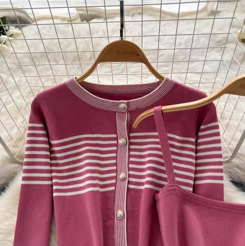 Striped Cardigan & Slip Dress 2Pcs