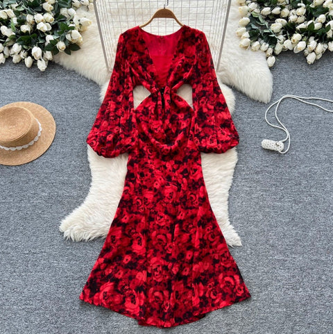 Deep V-neck Floral Fishtail Dress