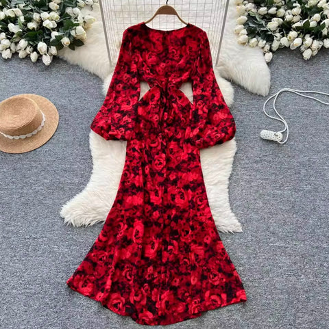 Deep V-neck Floral Fishtail Dress