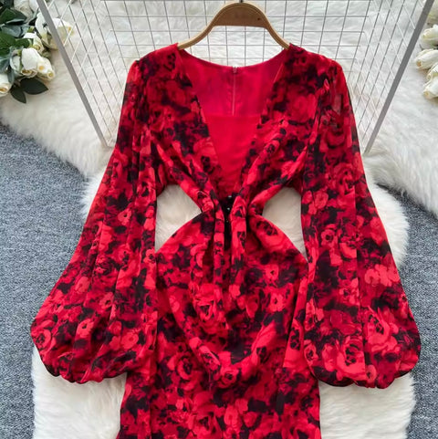 Deep V-neck Floral Fishtail Dress