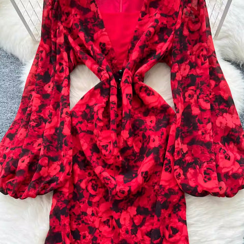 Deep V-neck Floral Fishtail Dress