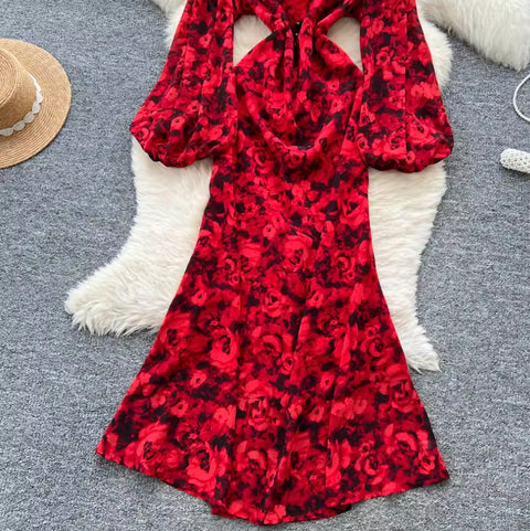 Deep V-neck Floral Fishtail Dress