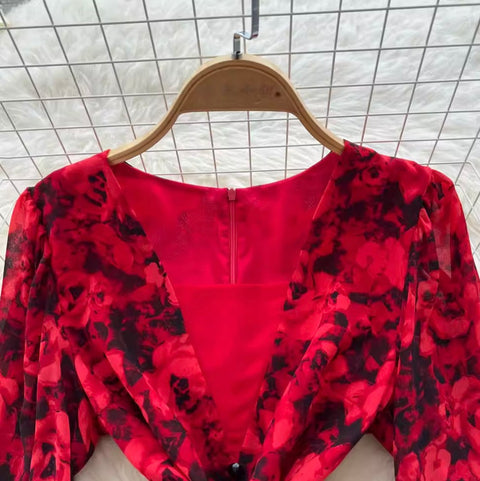 Deep V-neck Floral Fishtail Dress