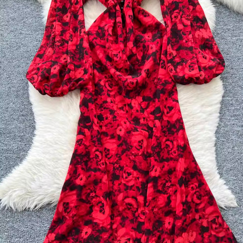 Deep V-neck Floral Fishtail Dress