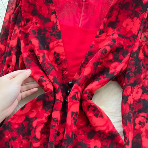 Deep V-neck Floral Fishtail Dress