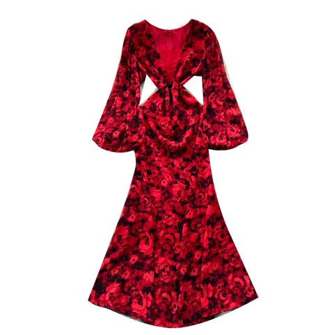 Deep V-neck Floral Fishtail Dress