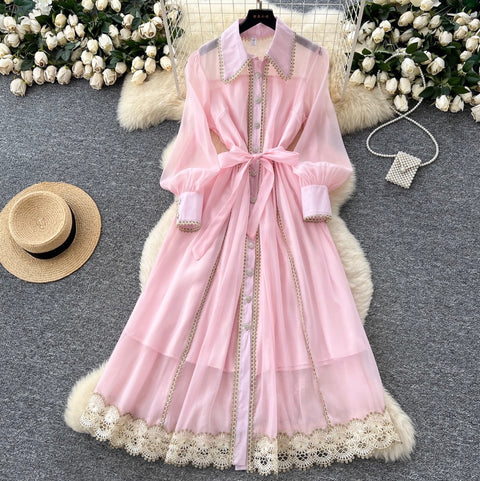 Courtly Hollowed Lace Shirt Dress