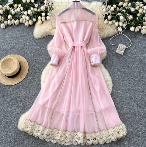 Courtly Hollowed Lace Shirt Dress