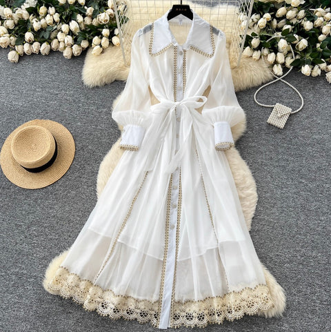 Courtly Hollowed Lace Shirt Dress