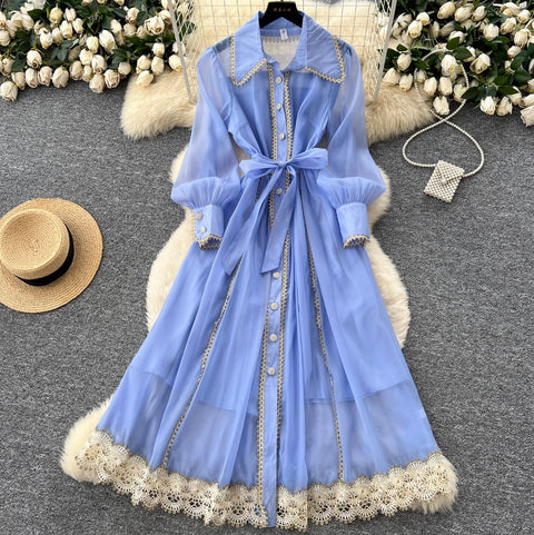 Courtly Hollowed Lace Shirt Dress