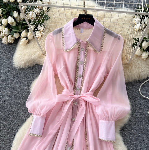 Courtly Hollowed Lace Shirt Dress