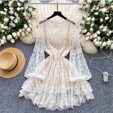 Fairy Embroidered Apricot Mesh Dress