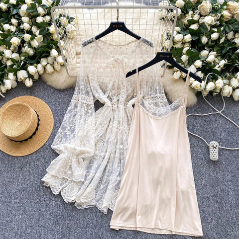 Fairy Embroidered Apricot Mesh Dress