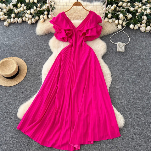 Niche V-neck Rose Red Dress