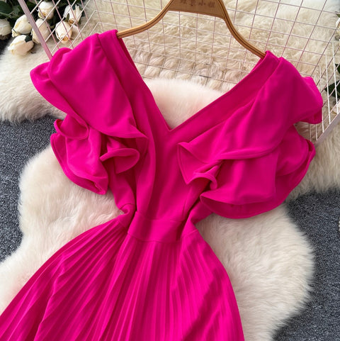 Niche V-neck Rose Red Dress