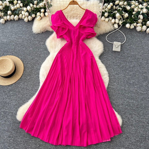 Niche V-neck Rose Red Dress