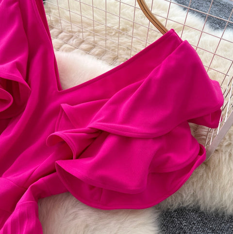 Niche V-neck Rose Red Dress