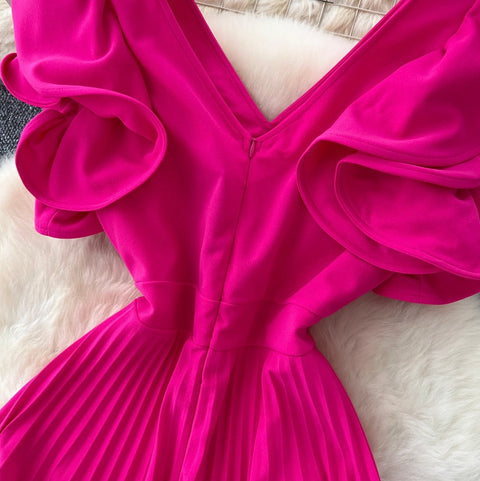 Niche V-neck Rose Red Dress