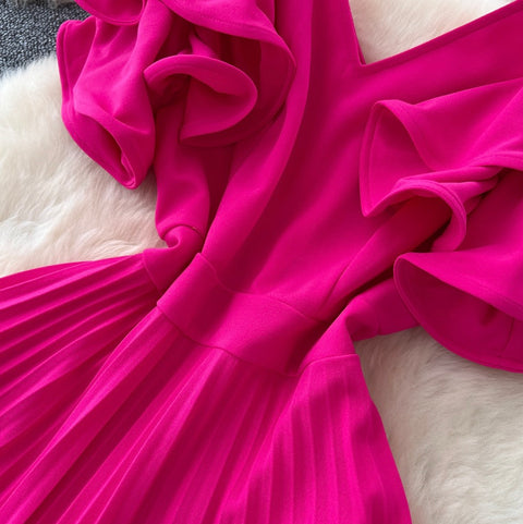 Niche V-neck Rose Red Dress