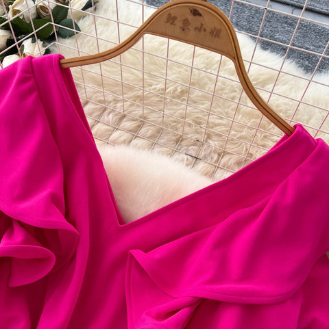Niche V-neck Rose Red Dress