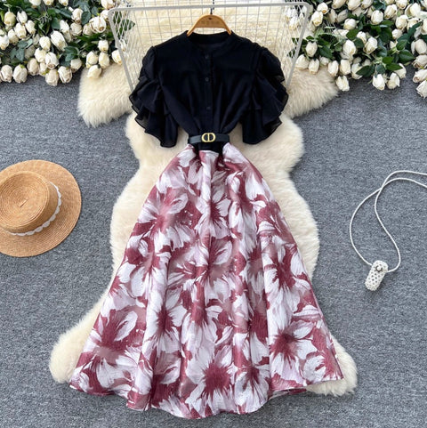 Floral Mesh Patchwork Shirt Dress