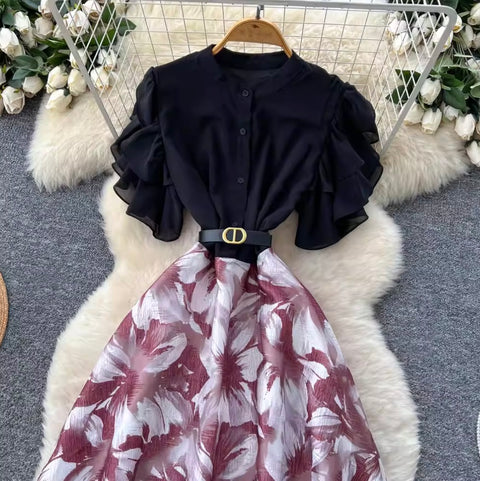 Floral Mesh Patchwork Shirt Dress