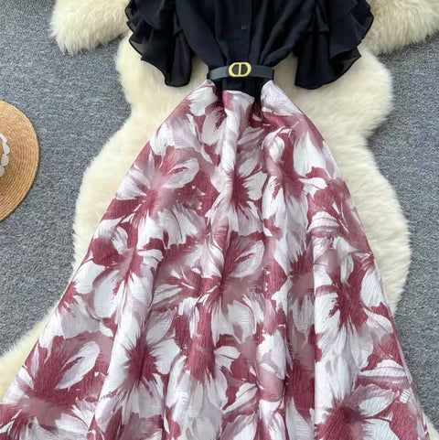 Floral Mesh Patchwork Shirt Dress