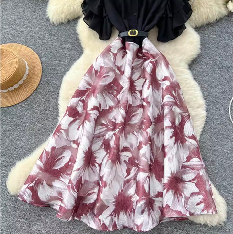 Floral Mesh Patchwork Shirt Dress