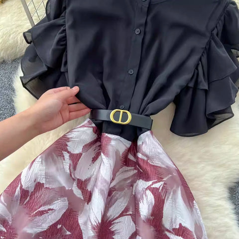 Floral Mesh Patchwork Shirt Dress