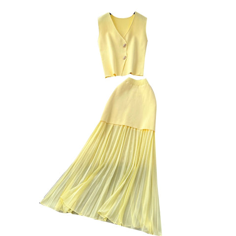 V-neck Knitwear & Mesh Skirt 2Pcs