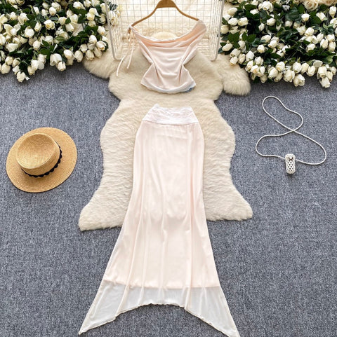 Draped Neckline Top & Fishtail Skirt 2Pcs