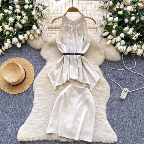 Satin Sleeveless Top & Skirt 2Pcs