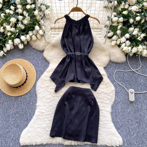 Satin Sleeveless Top & Skirt 2Pcs