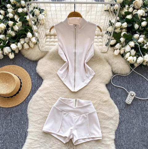 Zipped Vest & Hip-wrapping Shorts 2Pcs