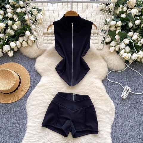 Zipped Vest & Hip-wrapping Shorts 2Pcs